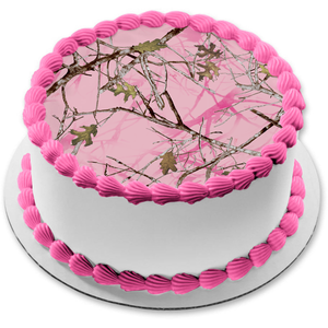 Mossy Oak Trees Leaves Camouflage Pink Background Camo Edible Cake Topper Image ABPID07377