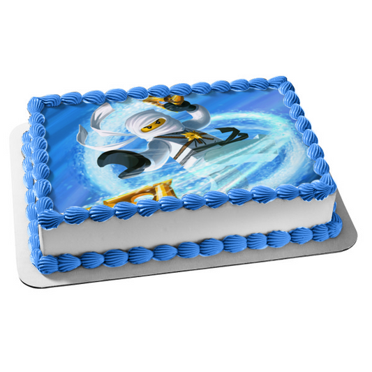 LEGO Ninjago White Ninja Zane with a Blue Background Edible Cake Topper Image ABPID06973