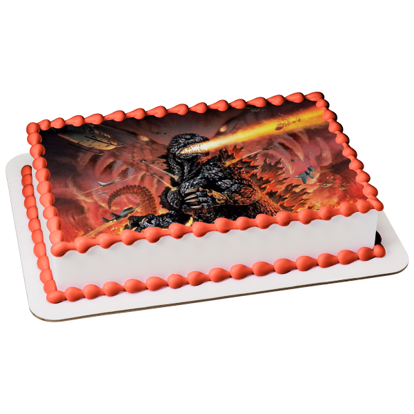 Godzilla Breathing Fire Airplanes and Helicopters Edible Cake Topper Image ABPID07394