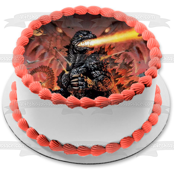 Godzilla Breathing Fire Airplanes and Helicopters Edible Cake Topper Image ABPID07394