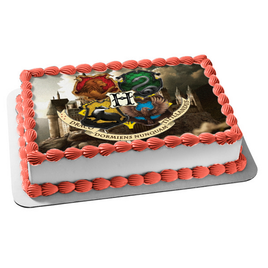 Harry Potter Hogwarts Crests Gryffindor Hufflepuff Emblem Ravenclaw and Slytherin Draco Dormiens Nunquam Titillandus Edible Cake Topper Image ABPID07611