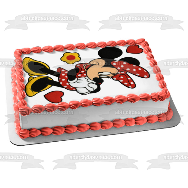 Minnie Mouse Valentine's Day Hearts Flowers Edible Cake Topper Image ABPID07479