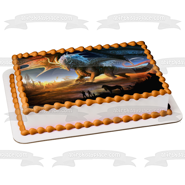 Dragon Fantasy Horses and Human Figures Edible Cake Topper Image ABPID07494