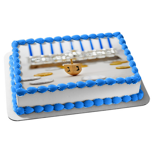 Happy Hanukkah Dreidel and a Menorah Edible Cake Topper Image ABPID07688