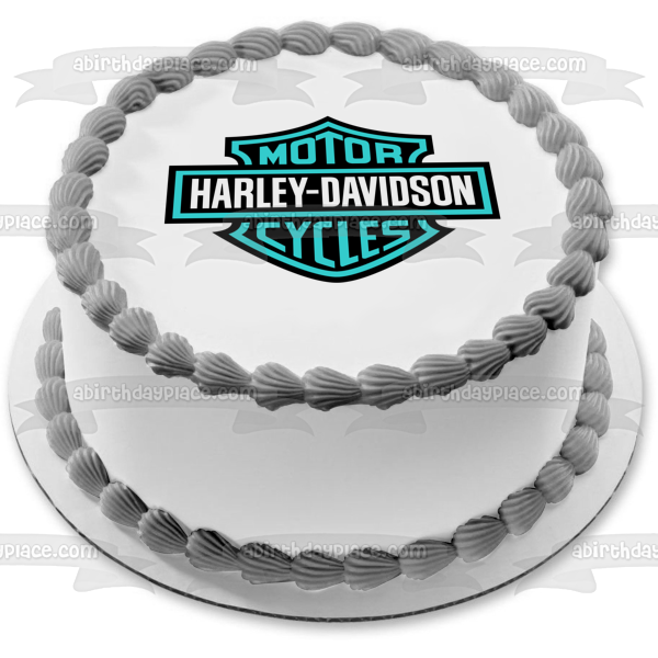 Harley Davidson Motor Cycles Blue and White Logo Edible Cake Topper Image ABPID07692