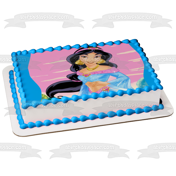 Princess Aladdin Jasmine with a Pink Background Edible Cake Topper Image ABPID07698