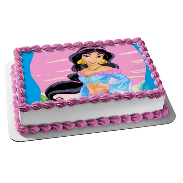 Princess Aladdin Jasmine with a Pink Background Edible Cake Topper Image ABPID07698