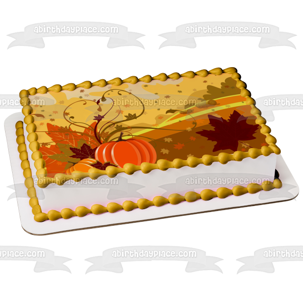 Fall Harvest Scene Pumpkins Leaves Falling and Hay Bales Edible Cake Topper Image ABPID07717