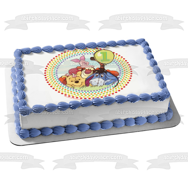 Winnie the Pooh 1st Birthday Tigger Piglet Eeyore and a  Polka Dot Background Edible Cake Topper Image ABPID07572
