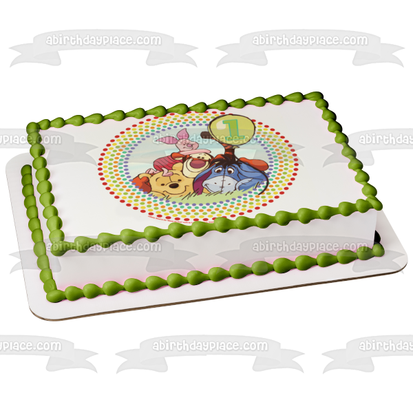 Winnie the Pooh 1st Birthday Tigger Piglet Eeyore and a  Polka Dot Background Edible Cake Topper Image ABPID07572