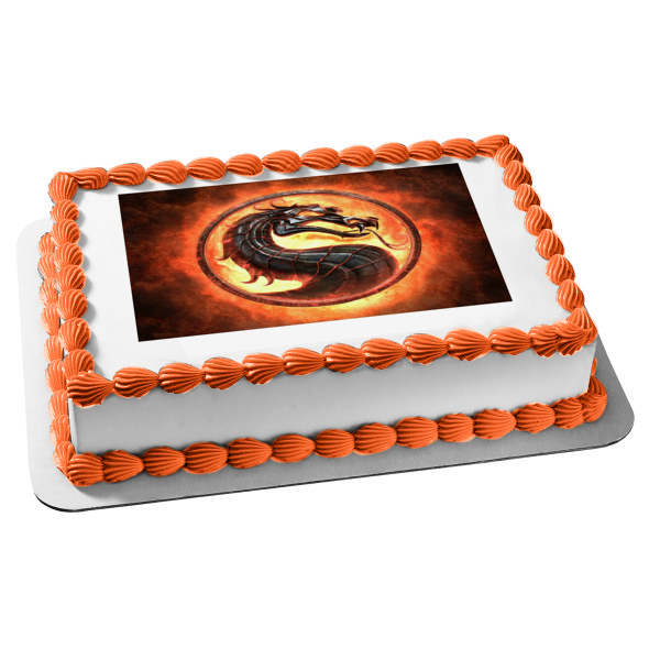 Mortal Kombat Logo with a Fiery Background Edible Cake Topper Image ABPID07736