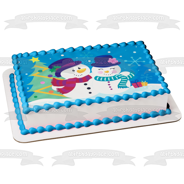 Winter Scene Snowmen Christmas Tree Presents and Snowflakes Edible Cake Topper Image ABPID07911