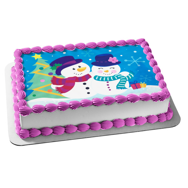Winter Scene Snowmen Christmas Tree Presents and Snowflakes Edible Cake Topper Image ABPID07911