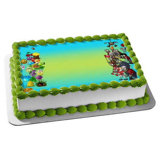 Plants Vs Zombies Peashooter Sunflower Scardey-Shroom Jalapeno Cherry Bomb and Zombies Edible Cake Topper Image ABPID07931