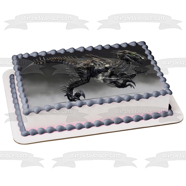 Dinosaur Metal Velociraptor with a Grey Background Edible Cake Topper Image ABPID07944