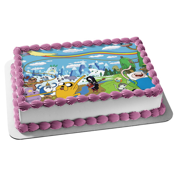 Adventure Time Finn Jake the Dog Princess Bubblegum Snow Mountains and a Rainbow Edible Cake Topper Image ABPID07784