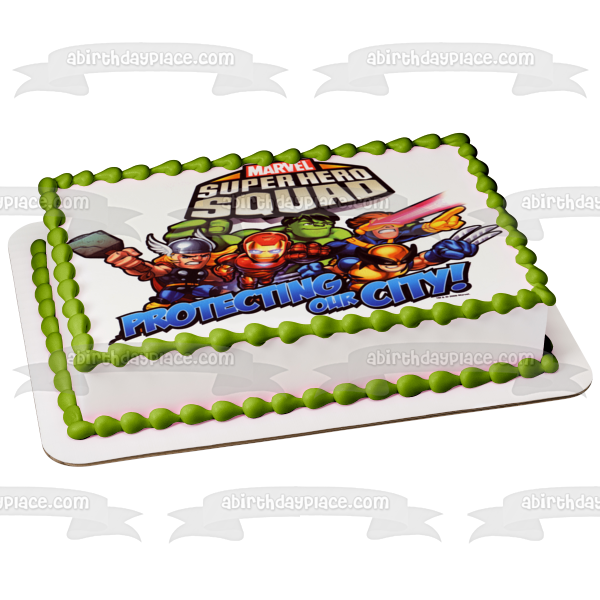 Superhero Squad Spider-Man The Hulk and Iron Man Protecting Our City Edible Cake Topper Image ABPID07949