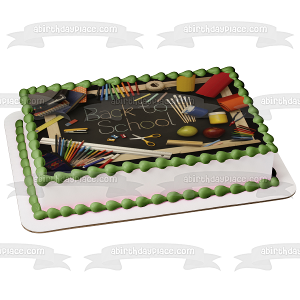 Regreso a la escuela Marcadores Crayones Lápices Pintura y una pizarra Adorno comestible para pastel Imagen ABPID07786 