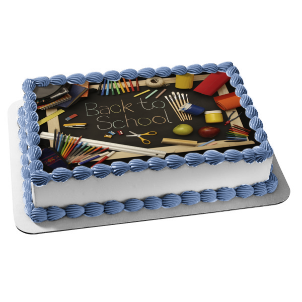 Back to School Markers Crayons Pencils Paint and a Chalkboard Edible Cake Topper Image ABPID07786