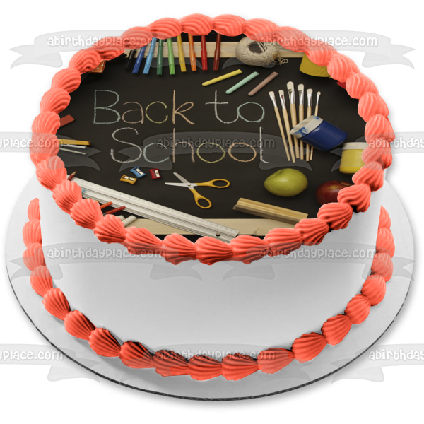 Back to School Markers Crayons Pencils Paint and a Chalkboard Edible Cake Topper Image ABPID07786