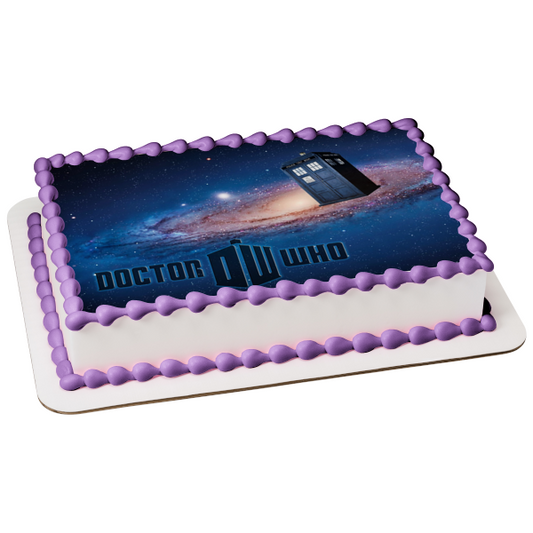 Doctor Who Logo Tardif Time Machine with a  Galaxy Background Edible Cake Topper Image ABPID07986