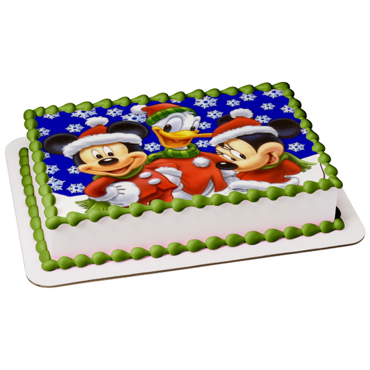 Adorno comestible para tarta con diseño de Mickey Mouse, Navidad, pato Donald, Minnie Mouse y copos de nieve, imagen ABPID08035 