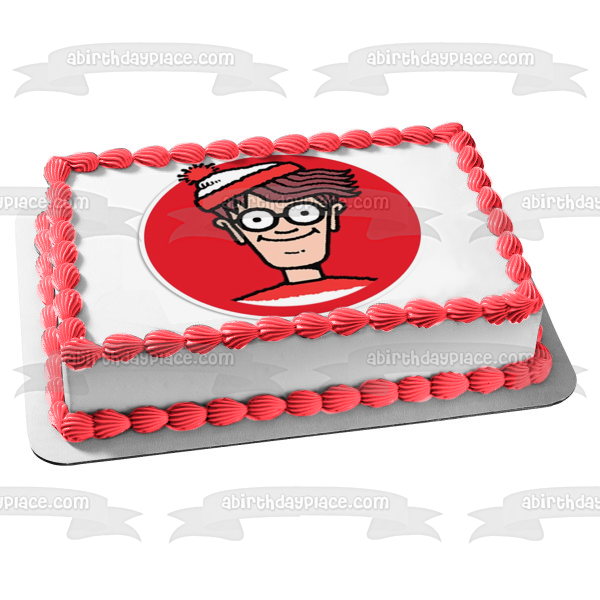 Where's Wally British Puzzle Book and a Red Background Edible Cake Topper Image ABPID08075