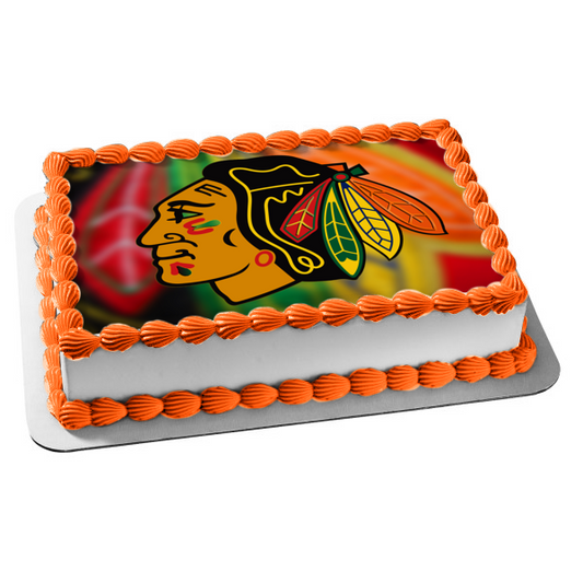 Chicago Blackhawks Logo NHL Professional Ice Hockey with a Colored Feather Background Edible Cake Topper Image ABPID07871