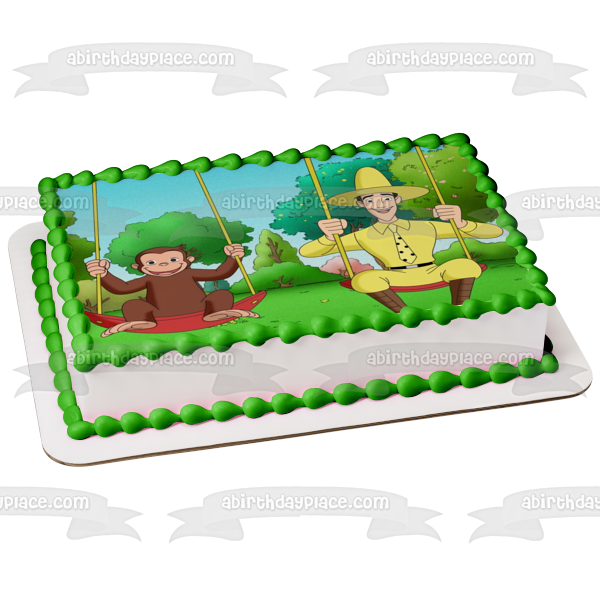 Curious George Swinging with the Man with the Yellow Hat Edible Cake Topper Image ABPID07878