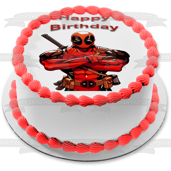 Deadpool with His Sword Happy Birthday Edible Cake Topper Image