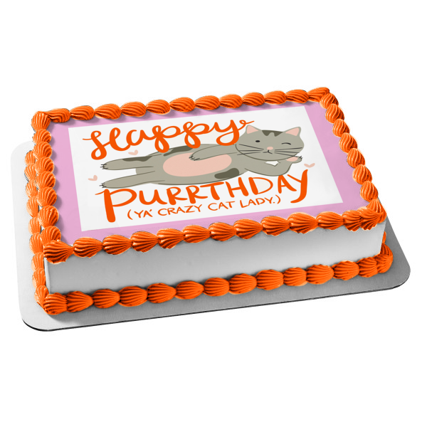Happy Purrthday Ya Crazy Cat Lady Grey Cat and Purple Hearts Edible Cake Topper Image ABPID08111