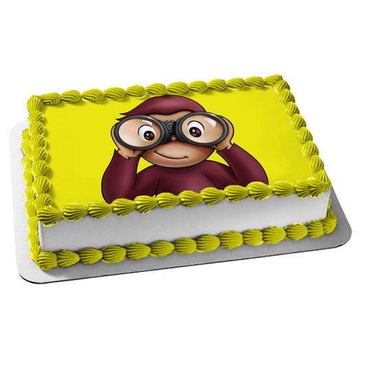 Curious George Binoculars Yellow Background Edible Cake Topper Image ABPID08401