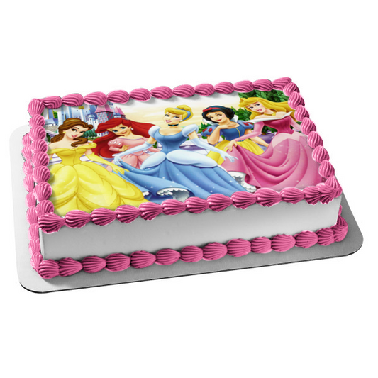 Princess Belle Ariel Cinderella Snow White Aurora and a  Castle Edible Cake Topper Image ABPID08155