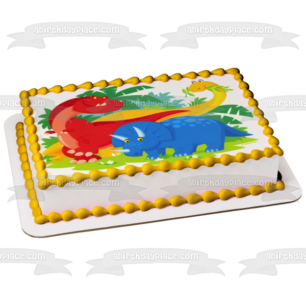 Cartoon Dinosaurs and Trees Edible Cake Topper Image ABPID08171
