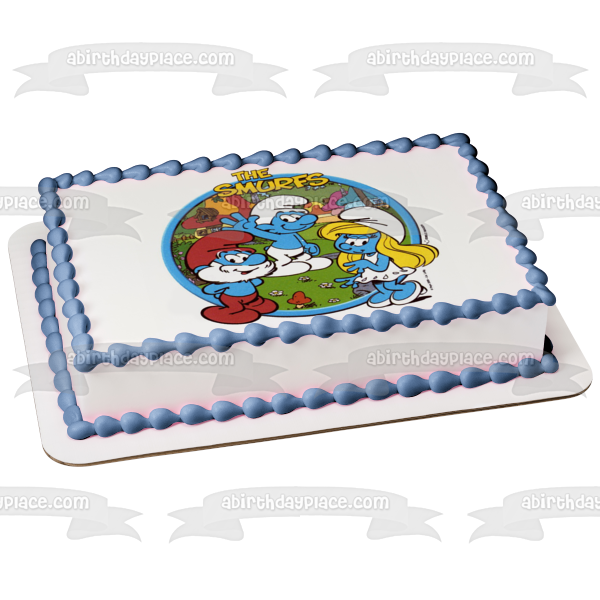 The Smurfs Papa Smurf Smurfette Trees and Flowers Edible Cake Topper Image ABPID08152