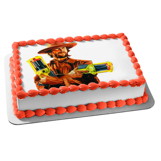 Clint Eastwood Holding NERF Guns Edible Cake Topper Image ABPID08254