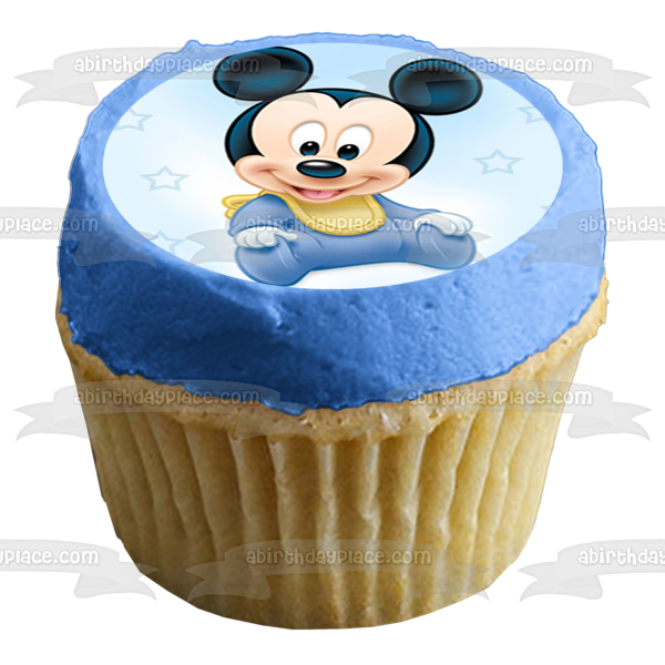 Baby Mickey Mouse Bib Blue Starry Background Edible Cake Topper Image ABPID08291