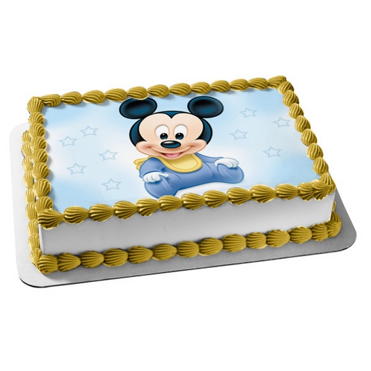 Babero de Mickey Mouse para bebé, fondo azul estrellado, adorno comestible para tarta, imagen ABPID08291 