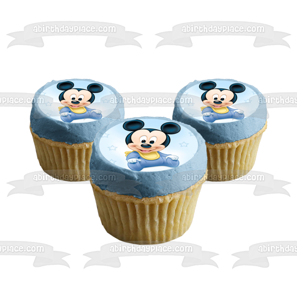 Baby Mickey Mouse Bib Blue Starry Background Edible Cake Topper Image ABPID08291