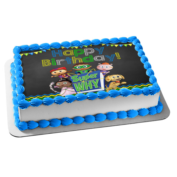 Super Why Happy Birthday Banner Woofster Princess Pea Whyatt Red Riding Hood Pig Edible Cake Topper Image ABPID08748
