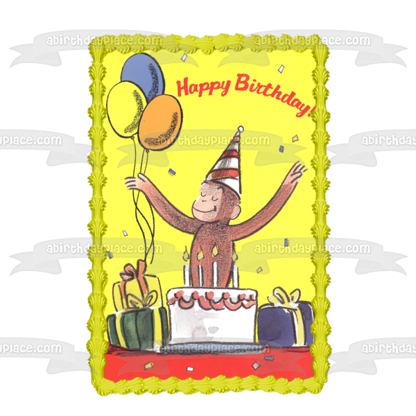 Curious George Happy Birthday Cake Hat Balloons Presents Edible Cake Topper Image ABPID08340