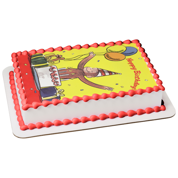 Curious George Happy Birthday Cake Hat Balloons Presents Edible Cake T ...