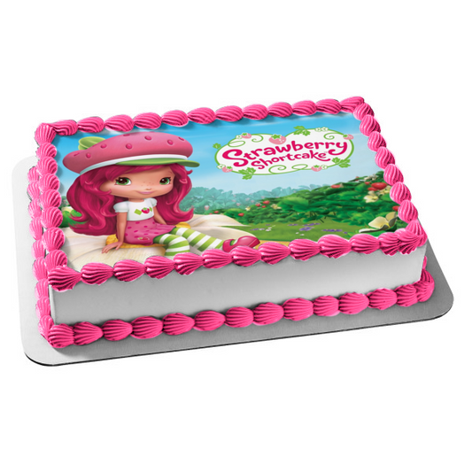Strawberry Shortcake Cartoon Logo Flowers Strawberries Edible Cake Topper Image ABPID08349