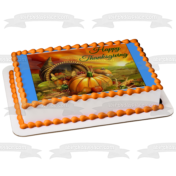 Happy Thanksgiving Pumpkins Apples Grapes Sunset Edible Cake Topper Image ABPID08817