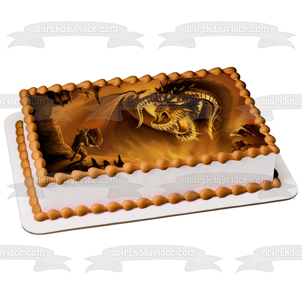Gold Dragon Soldier Shield Sword Edible Cake Topper Image ABPID08398