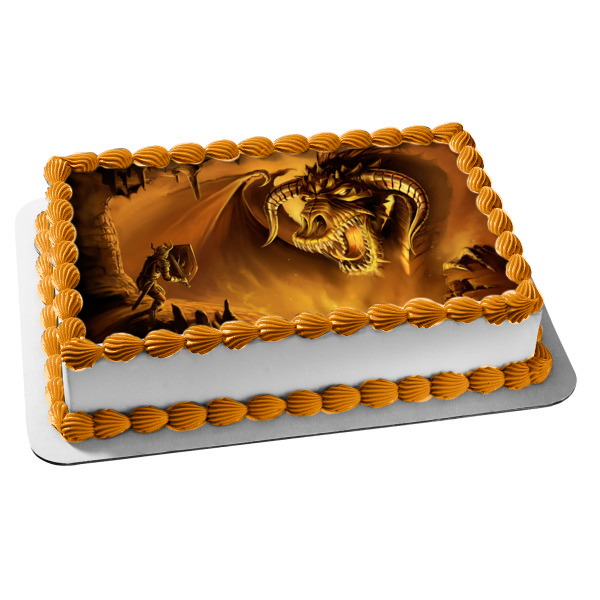 Gold Dragon Soldier Shield Sword Edible Cake Topper Image ABPID08398