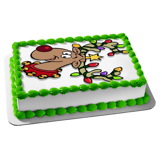 Holiday Reindeer Chistmas Lights Antlers Edible Cake Topper Image ABPID09043