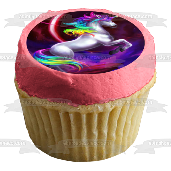 White Unicorn Rainbow Hair Space Background Ringed Planet Edible Cake Topper Image ABPID09067