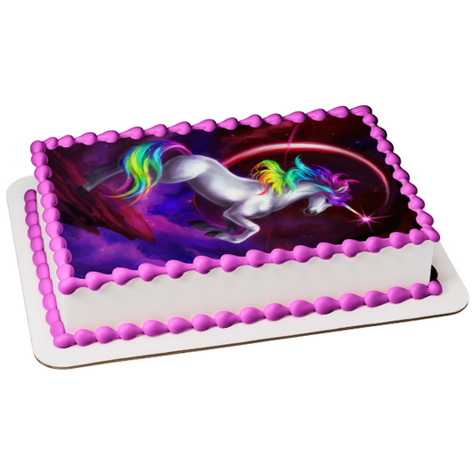 White Unicorn Rainbow Hair Space Background Ringed Planet Edible Cake Topper Image ABPID09067