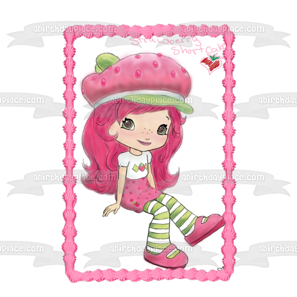Strawberry Shortcake Green White Pink Edible Cake Topper Image ABPID09075